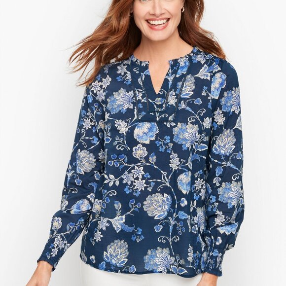 Talbots Petite Size P XSP Smocked Shoulder Top Delicate Jacobean Blue Floral - Picture 1 of 13